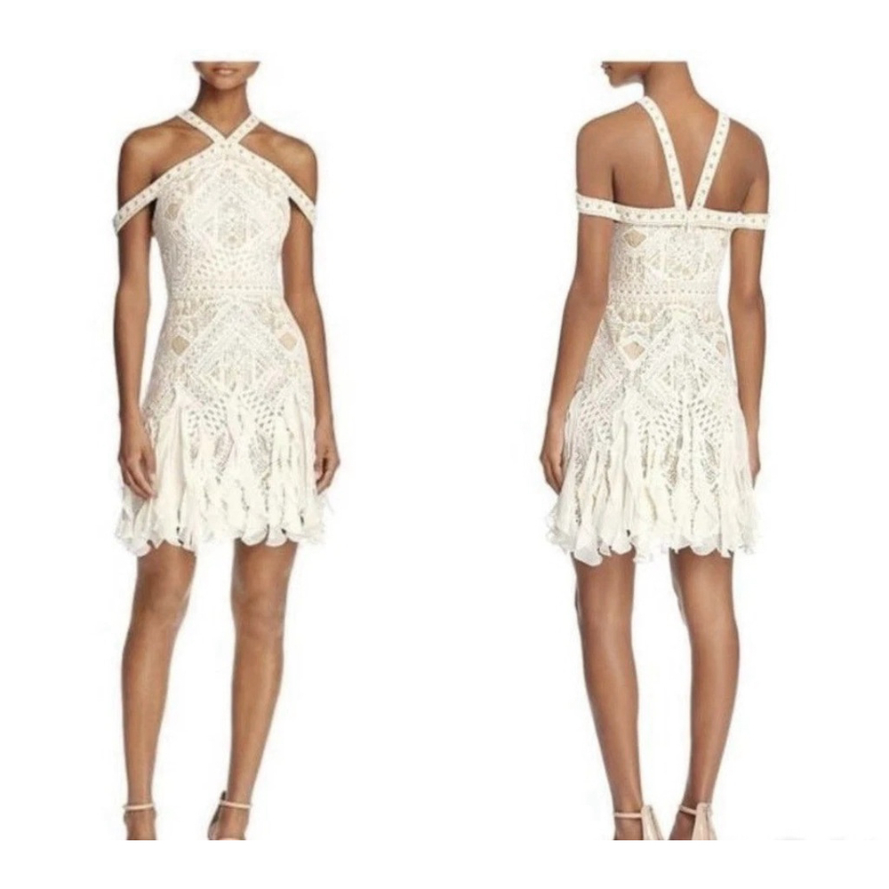 BCBGMaxazria Ivory Leighann Lace Halter Off Shoulder Cocktail Dress Sz 0